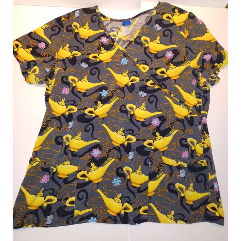 Aladdin Disney Women's Nurse Scrubs Large Top Gray Style Genie Lamp Short Sleeve